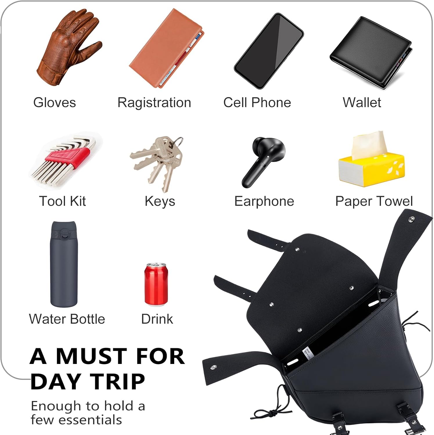 Motorcycle Swingarm Bag with Black Synthetic Leather, Swing Arm Bag Motorcycle Saddlebag Left Side Tool Bag Fit for Sportster Street Rebel 300 500 Dual Shock Models, Two Adjustable Straps - Image 2