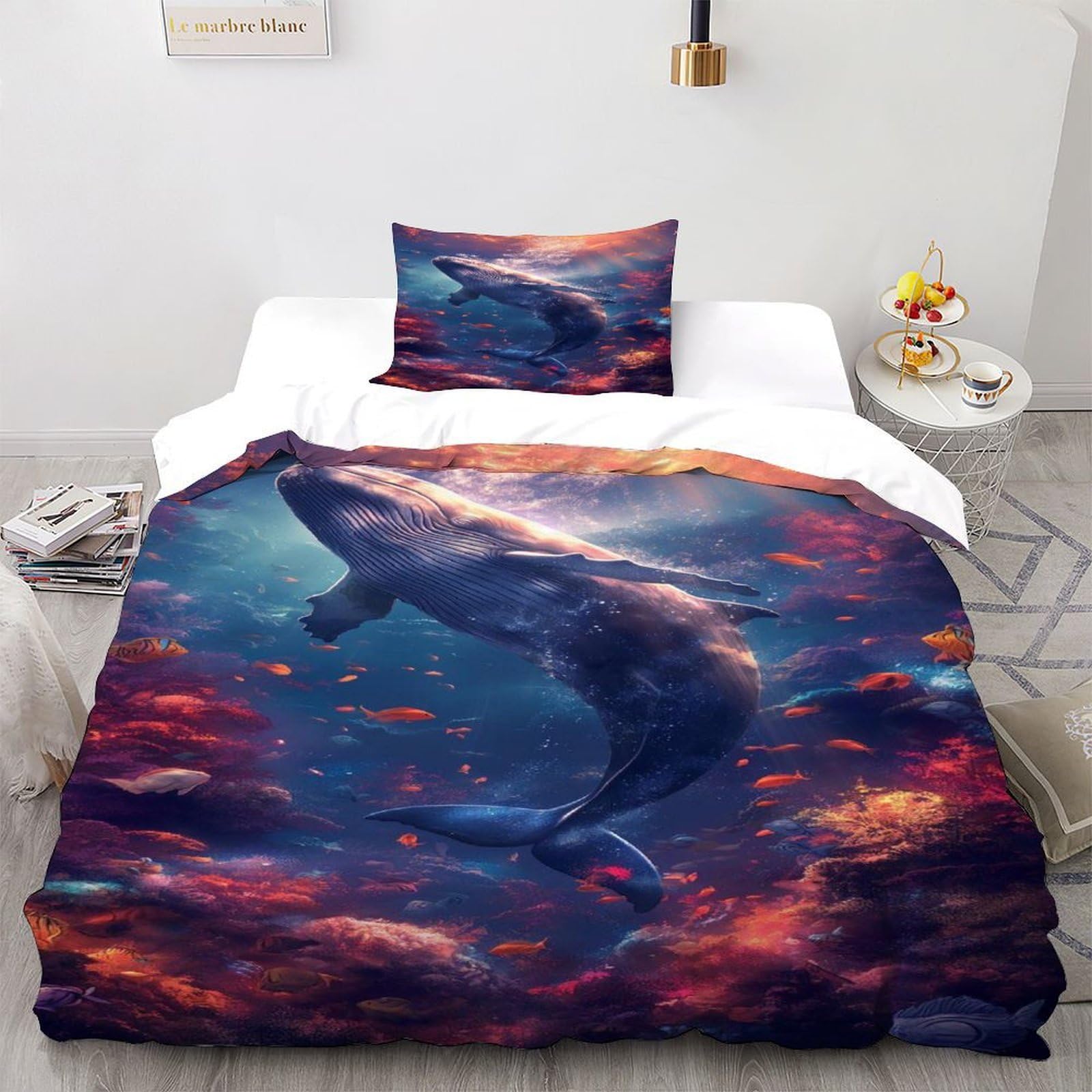 Whale Coral Bedding Set Digital Printe Animal Theme Wildlife Marine Animal Duvet Cover Set 2 Pieces Chic Breathable Quilt Cover Universal for All Seasons with Pillowcase Single（135x200cm）