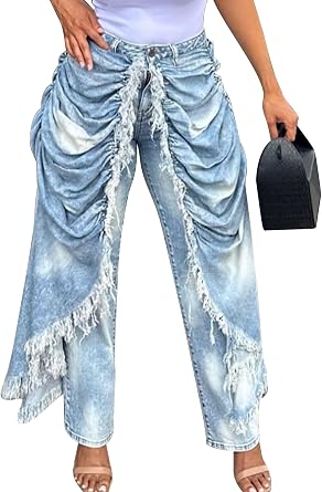 Womens Straight Jeans High Waisted Raw Trim Patchwork Denim Pants Plus Size Streetwear Distressed Jeans