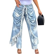 NRTHYE Women Pleated Distressed Jeans Straight Patchwork Denim Pants | high waisted denim jeans,Frayed fringe hem pleated patchwork trousers,Soft breathable casual jeans bottoms