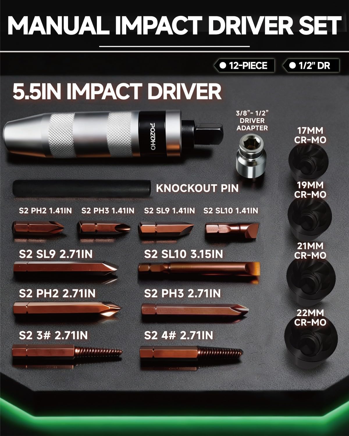 Heavy Duty Hand Impact Driver, 17-Piece Reversible Manual Impact Screwdriver Kit with Complete S2 Bits Set for Auto Repair & DIY, PTM04117