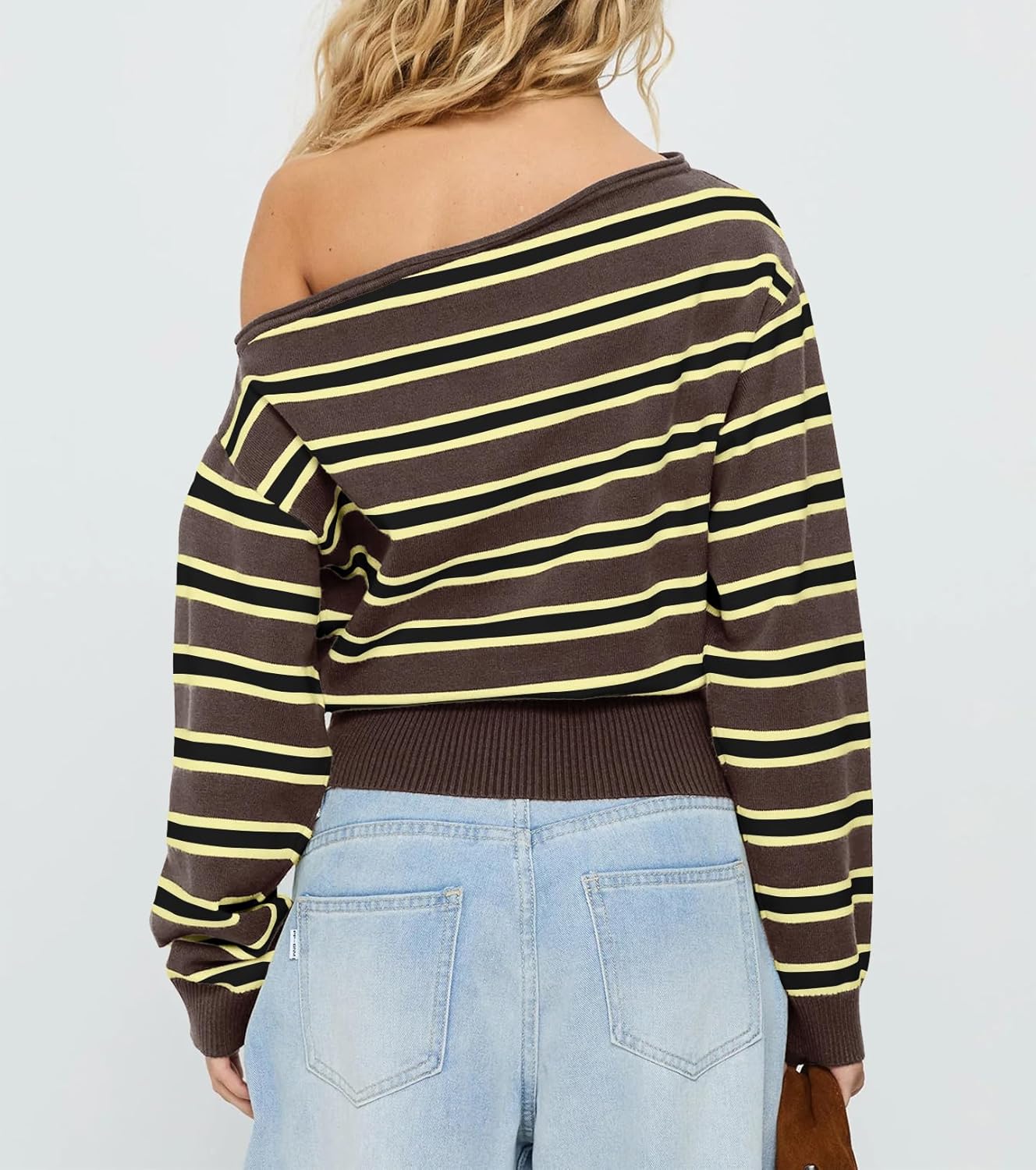 Women Y2k Vintage Striped One Off Shoulder Asymmetrical Sweater Tops Oversized Long Sleeve Pullover Fall Outfits - Image 3