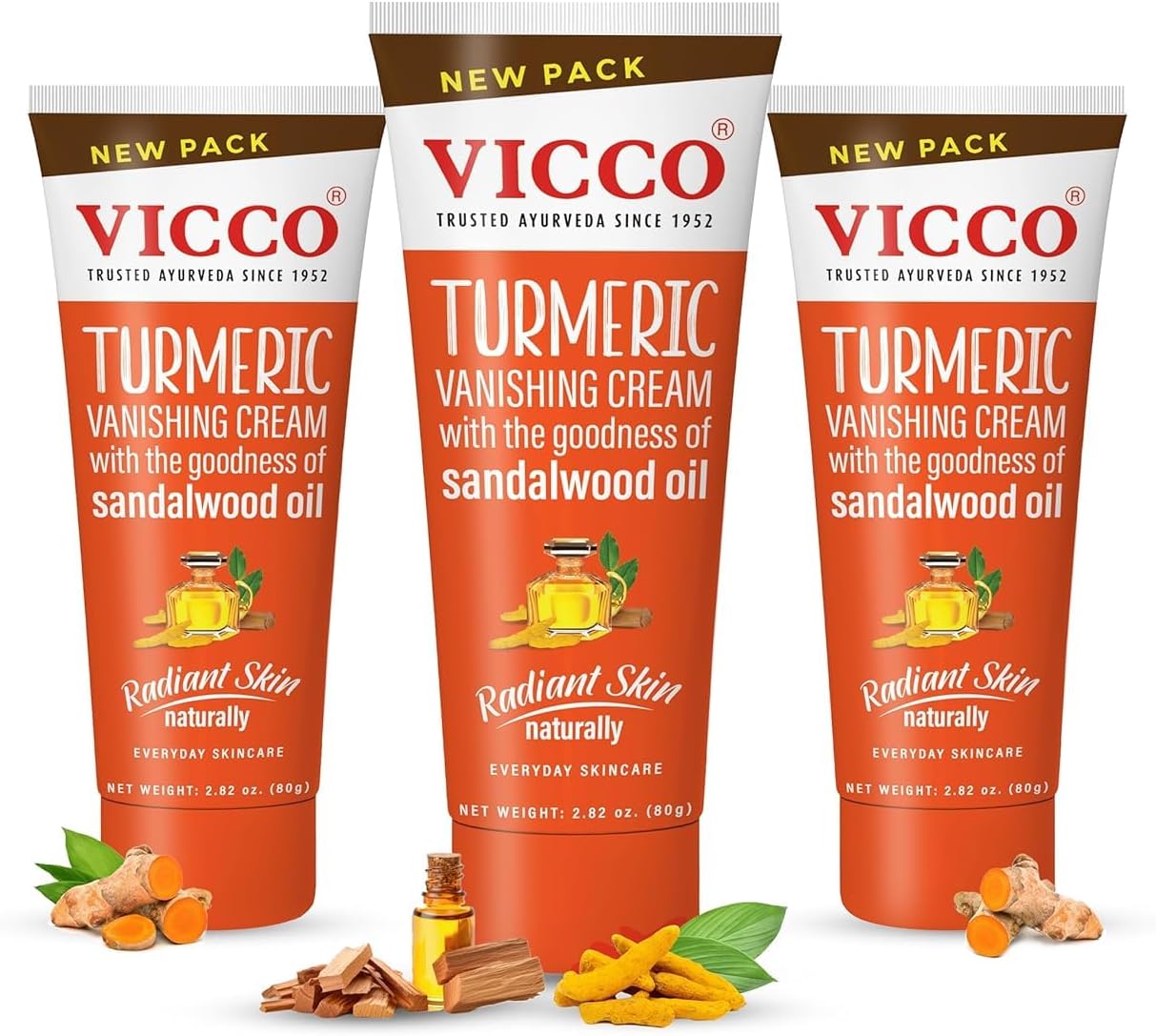 Turmeric Vanishing Cream with Sandalwood Oil by Vicco – 70 Year Legacy of Ayurveda, with Turmeric for Daily Skincare, Lightweight Formula, Vegan, 100% Natural – 2.82 oz (3 Pack)