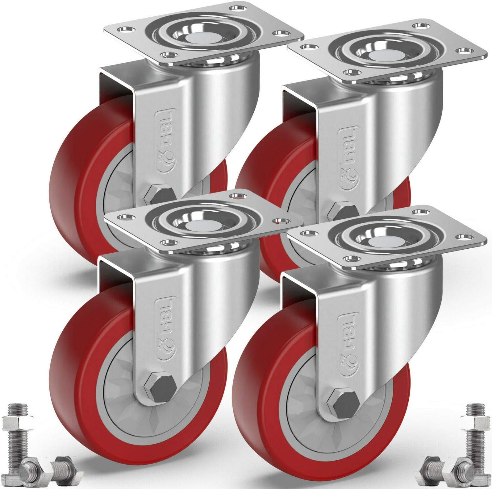 Heavy Duty Castor Wheels + Screws - 100mm up to 600KG - Pack of 4 No Floor Marks Silent Caster for Furniture - Rubbered Trolley Wheels - Silver Castors