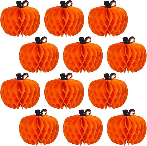 12 piezas de decoración de papel de panal de calabaza de otoño, calabazas de Acción de Gracias, centros de mesa colgantes de calabaza y panal, bolas