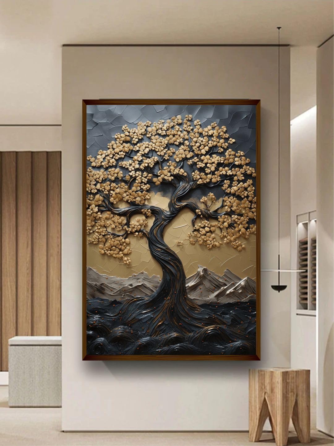 Artsense Wood abstract golden lucky wishtree Painting For Wall Decoration Abstract Wall Painting For Living Room Big Size Painitng With Frame-Multicolor -20X30 Inches/(50X71Cm)