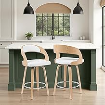 Shelly Modern Counter Height Swivel Bar Stool in Patterned Oak Finish with White Faux Leather Upholstered Seat Set of 2