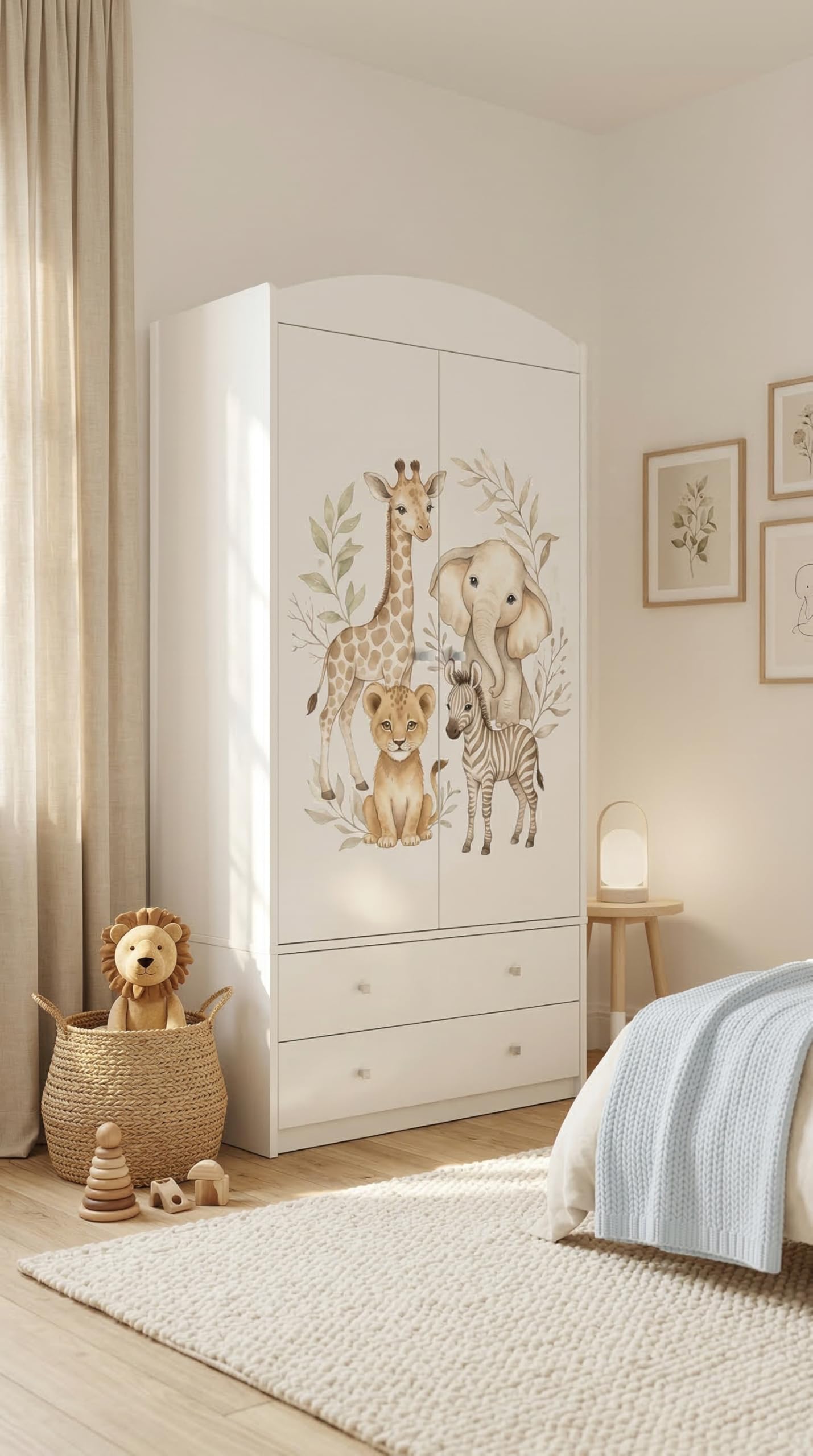 Happy Babies Armadio per bambini con motivo incantevole, 2 ante per cameretta dei bambini, con 2 cassetti, asta appendiabiti e ripiani, bianco (88 x 187 x 54 cm) (nr 170)