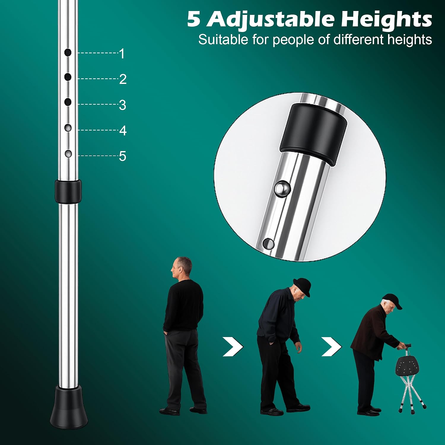 Hold 330 lbs Folding Canes with Seat Walking Stick - Lightweight Adjustable Walkers for Seniors with Seat, LED Light - Portable Sturdy Non Slip Canes for Women and Men - Elderly Folding Outdoor Chairs