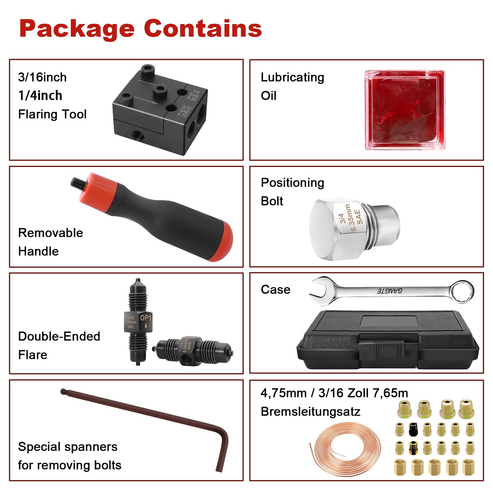 Kit D'évasement pour Conduites de Frein SAE - Clé à Cliquet de 17mm, pour Conduites de Frein de Voiture de 4,75 Et 6,35mm - avec CâBle de Frein de 7,62m de Diamètre & 16 Raccords, 5 Connecteurs