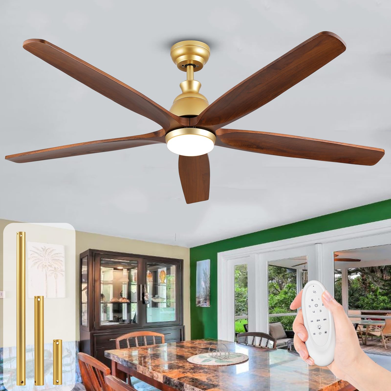 Photo 1 of NWIASS 60 Inch Ceiling Fan with Light and Remote, Outdoor Ceiling Fan for Patios Waterproof with Dimmable 3CCT LED Light, Quiet DC Motor, Wood Gold Ceiling Fan for Farmhouse Exterior Porch Gazebo K-60"Gold