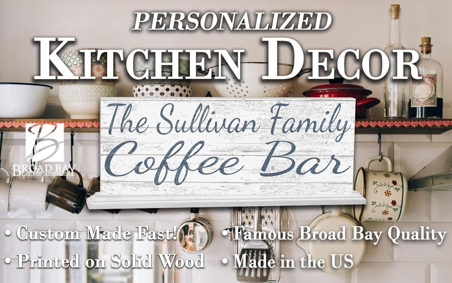 Custom Coffee Bar Sign PERSONALIZED Coffee Decoration for Kitchen or Office - SOLID WOOD - 16.5in x 6in (Coffee Bar)