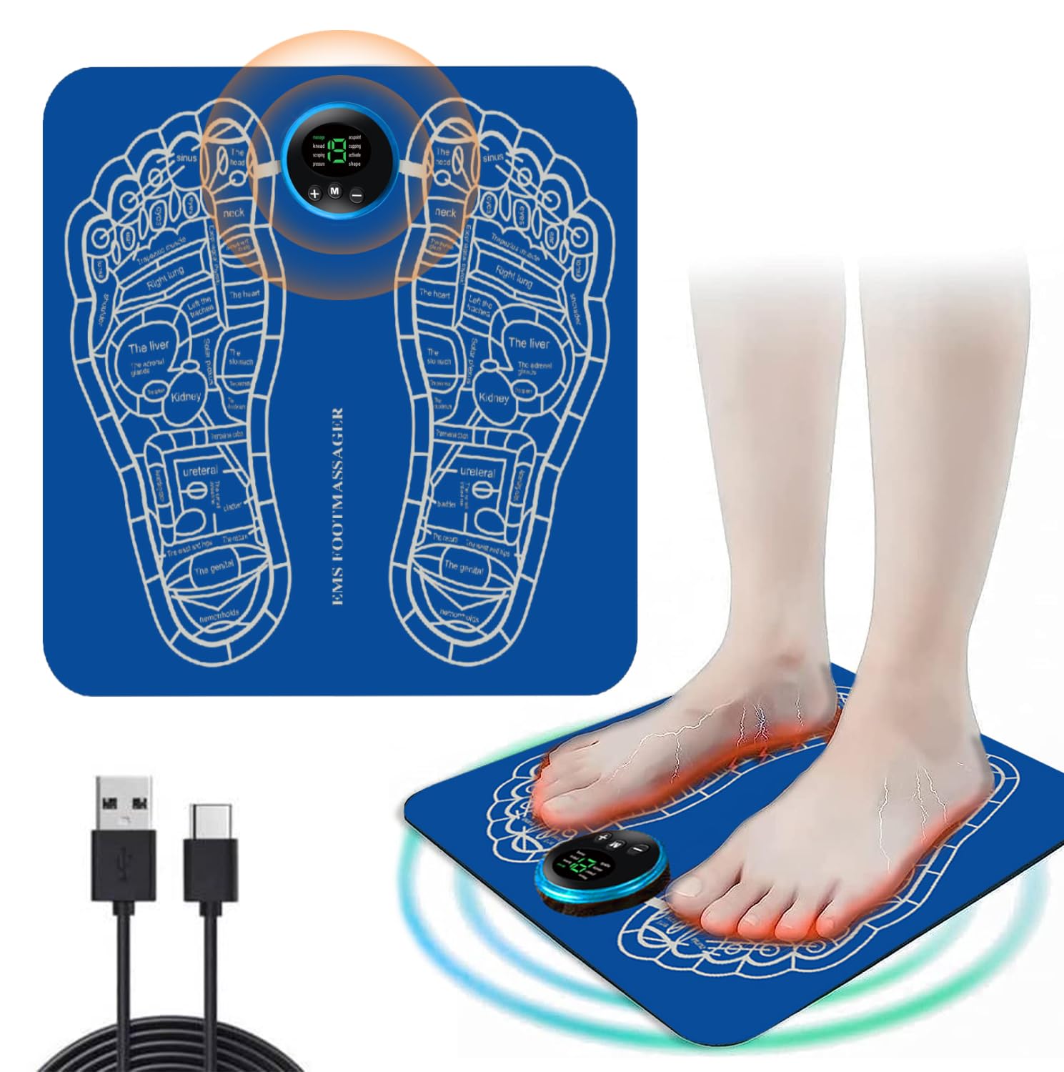 Masajeador de Pies USB,Masajeador de Pies EMS,para alivio del dolor plantar, relajación muscular,Mejorar la Circulación Sanguínea,con 8 Modos y 19 Frecuencias Ajustables