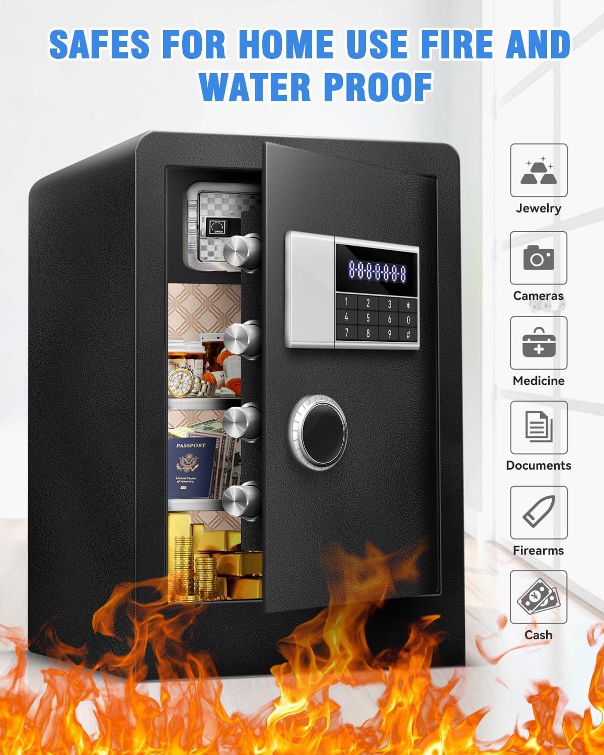 6.0 Cu Ft Large Fireproof Waterproof Safe Box for Office Document-HIDDEN LOCK BOX, Heavy Duty Steel Home Safety Box with Light, Dual Key System, Two Removable Shelf, Personal Combination Safe for Cash