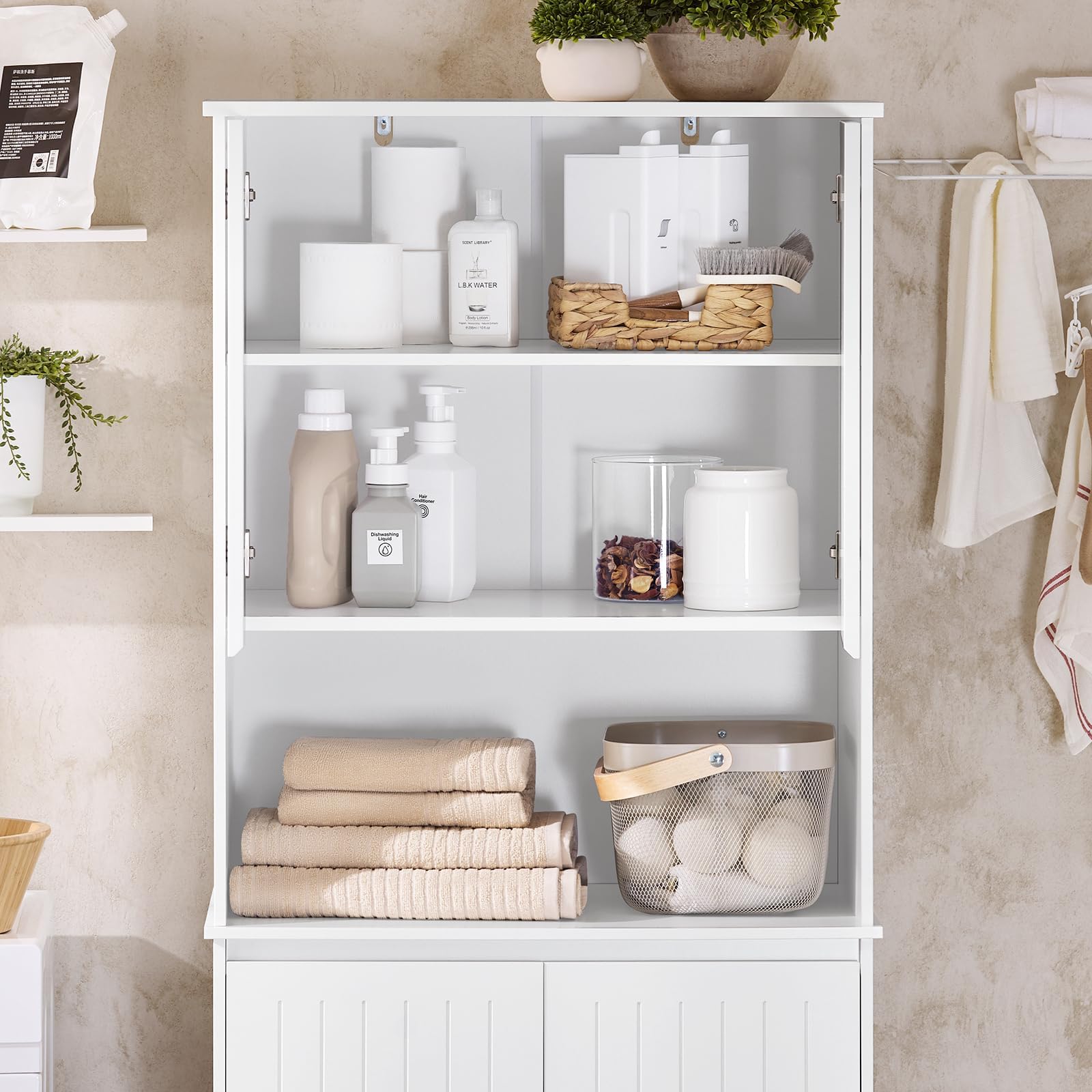 SoBuy Mueble Baño Estrecho con Cesto para Ropa Sucia 37x170x70 cm | Armario Lavadero Alto 170 cm Estrecho con 2 Puertas y Estante Abierto Columna Baño Blanca para Almacenaje Compacto BZR150-W