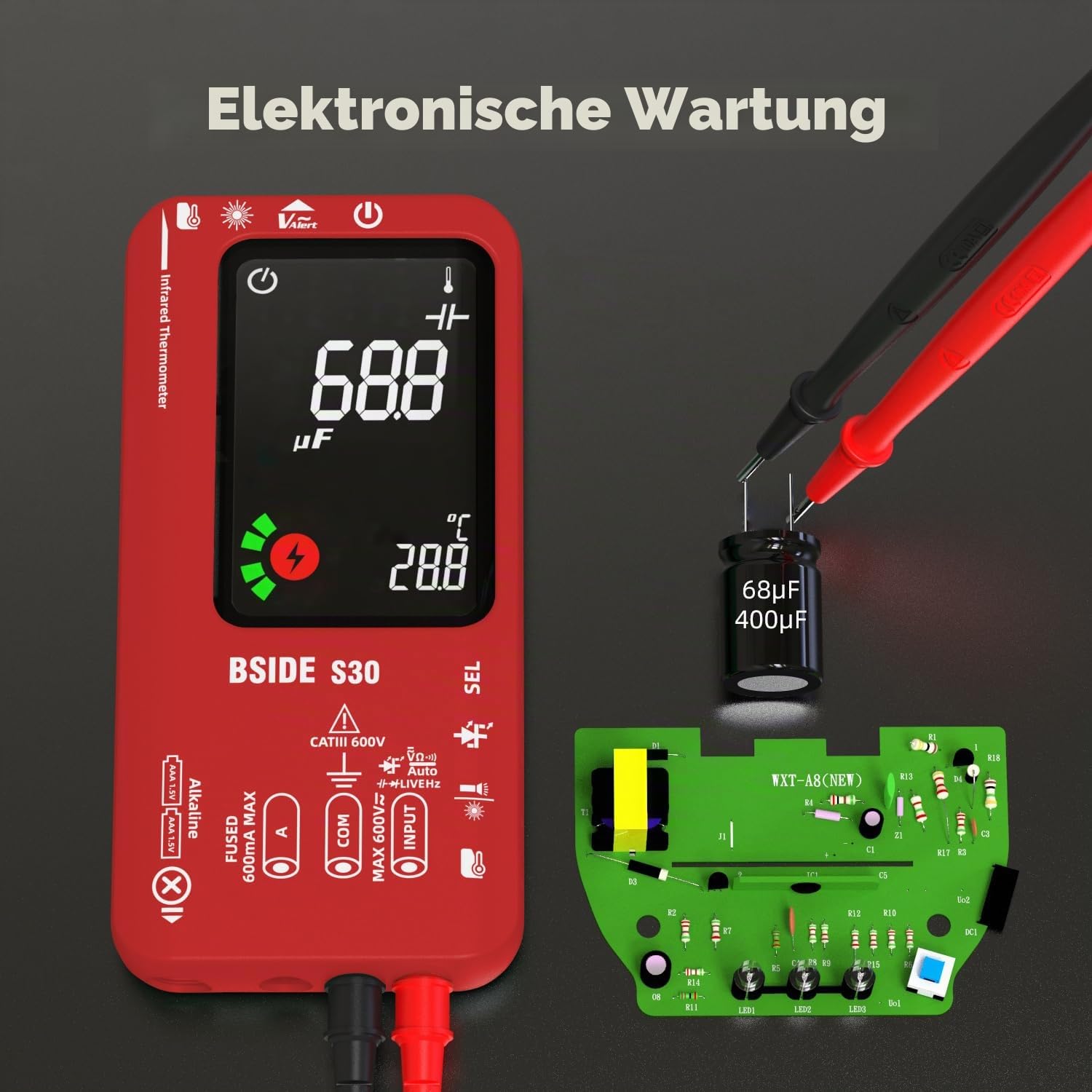 BSIDE S30 Smart Digital Multimeter Hochspannung Diode LED Tester IR Thermometer 3 in 1 mit Doppelter Leistung 9999 zählt Farbdisplay Stromprüfer Spannungsprüfer Durchgangsprüfer Ohm Kapazität Tester