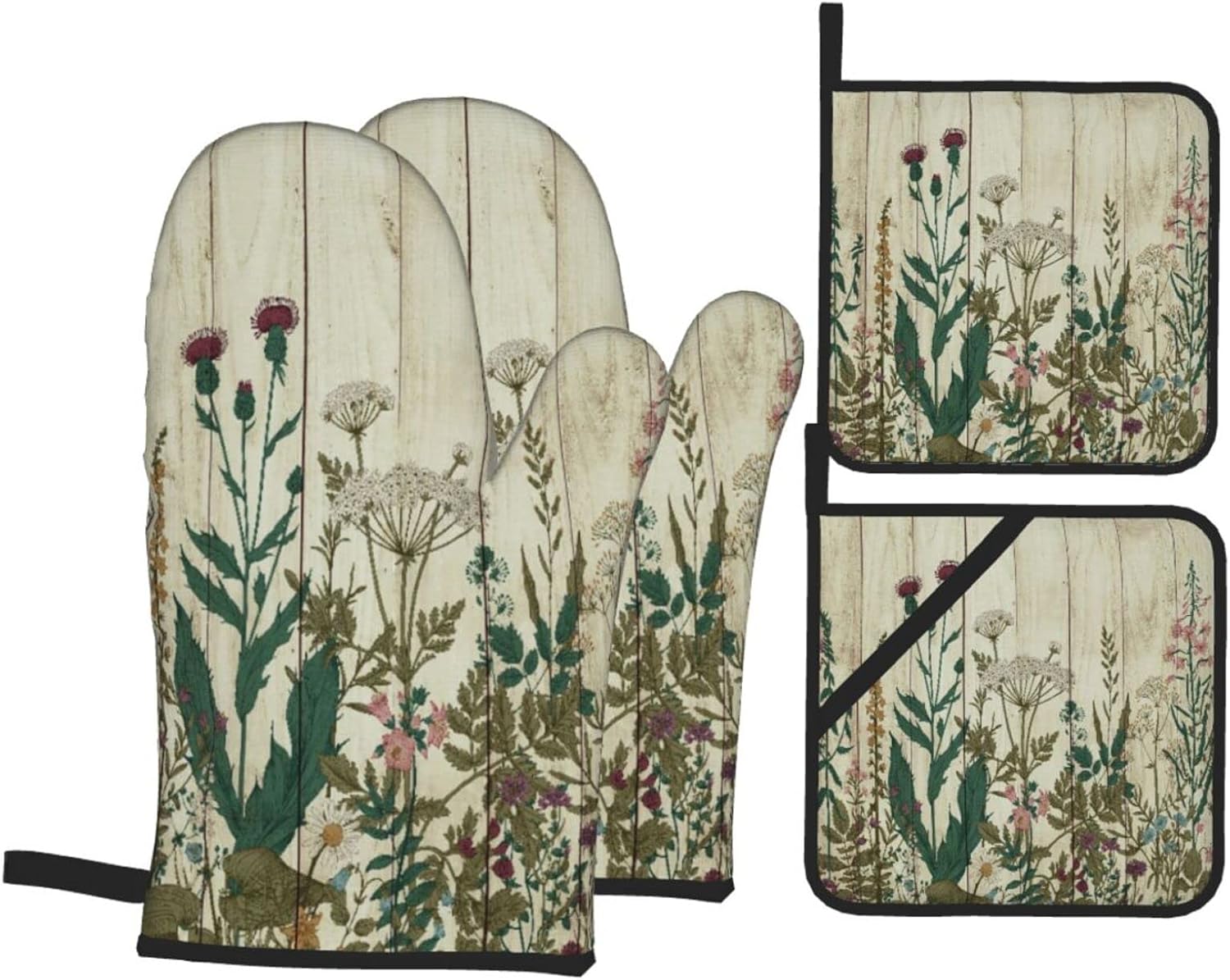 William Morris Oven Mitts And Pot Holders Sets Of 3, Vintage William Morris Style Flowers And Foliage Heat Resistant Oven Mitts Gloves, Kitchen Mittens Potholders For Cooking Baking Grilling BBQ