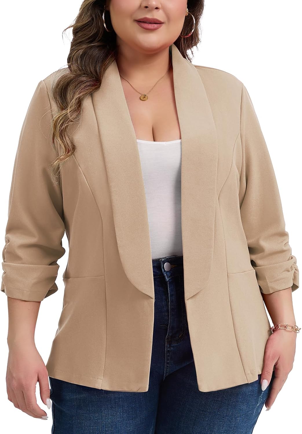 Plus Size Blazer for Women Elegant Ruched 3/4 Sleeve Blazers Oversized Open Front Cardigan Business Casual Suit