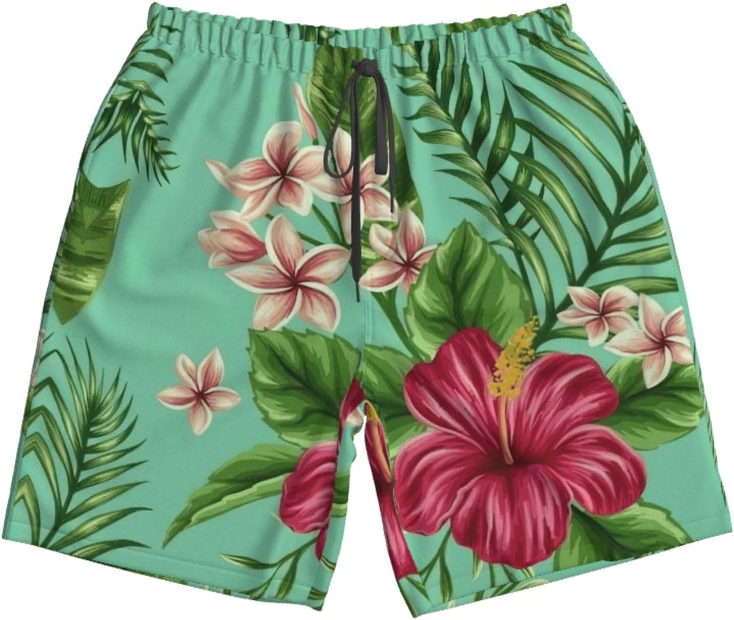 Hawaiian Tropical Leaves Flowers Print Mens Casual Shorts Drawstring Summer Beach Stretch Shorts Novelty Swimtrunks