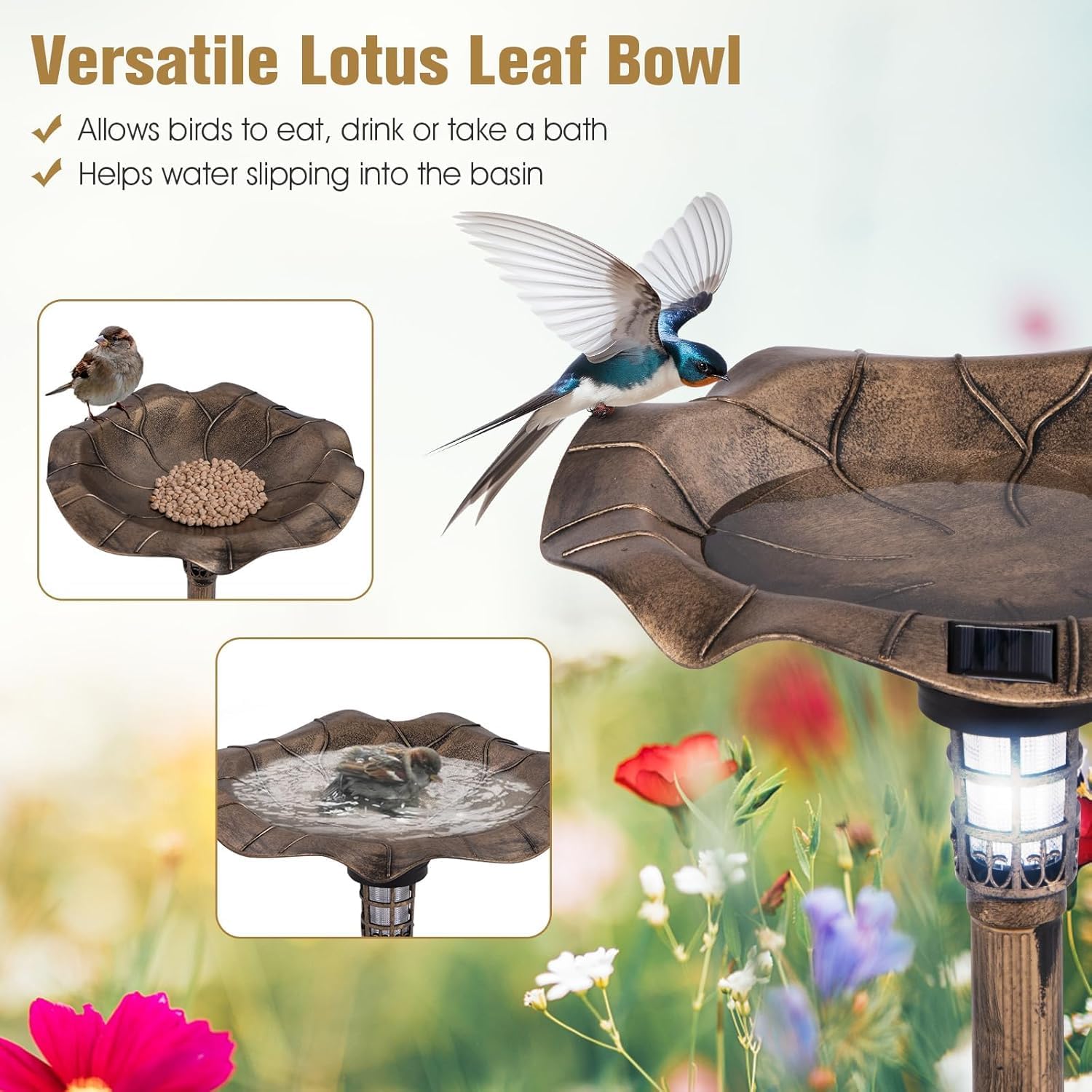 LDAILY Outdoor Bird Bath, 30 inch Solar Lighted Pedestal Birdbaths with Flower Planters, Lotus Leaf Water Bowl and 3 Stakes, Attract Birds Antique Bird Bath for Outside Garden, Yard, Lawn (Bronze)