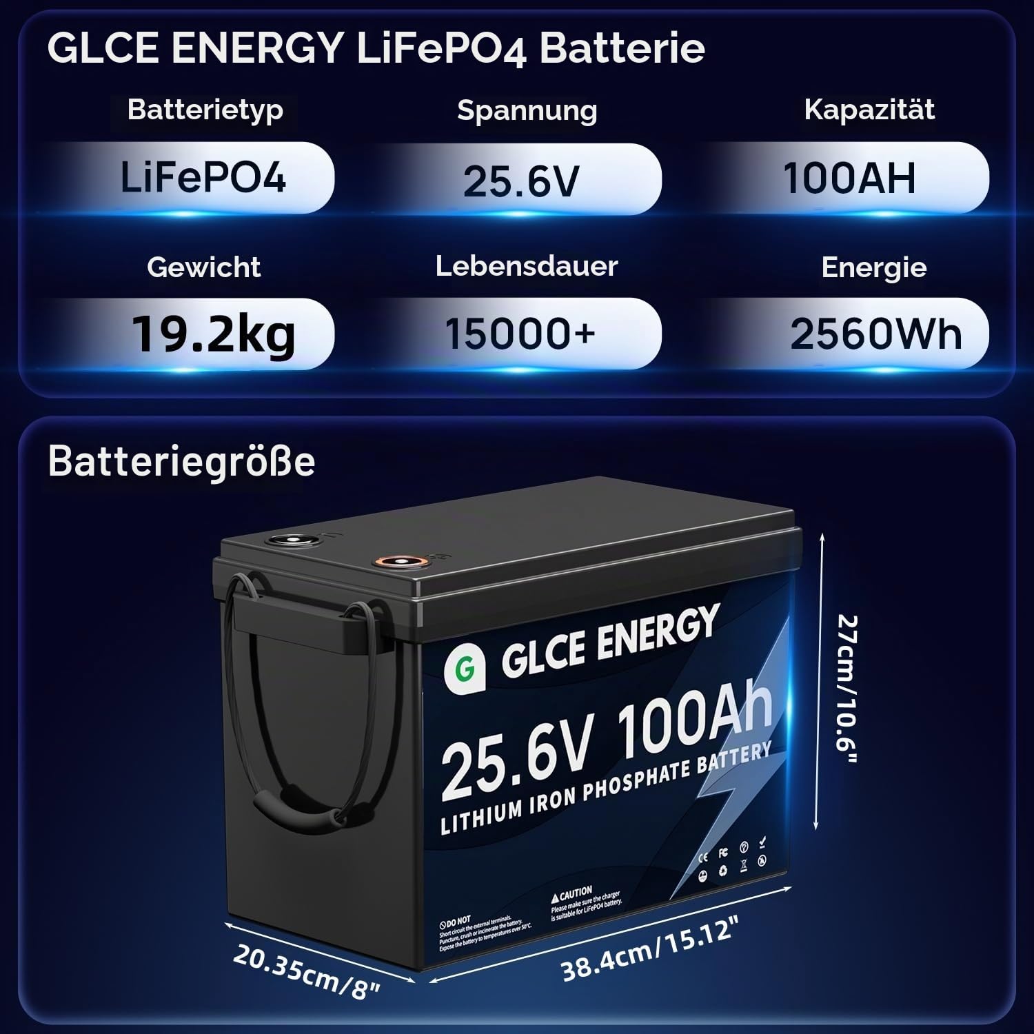 24V 100Ah LiFePO4 Batterie, 100A Bluetooth-BMS, IP65 Wasserdicht, 4000–15000 Zyklen, Wiederaufladbarer Lithium-Akku für Camping, Wohnwagen & RV
