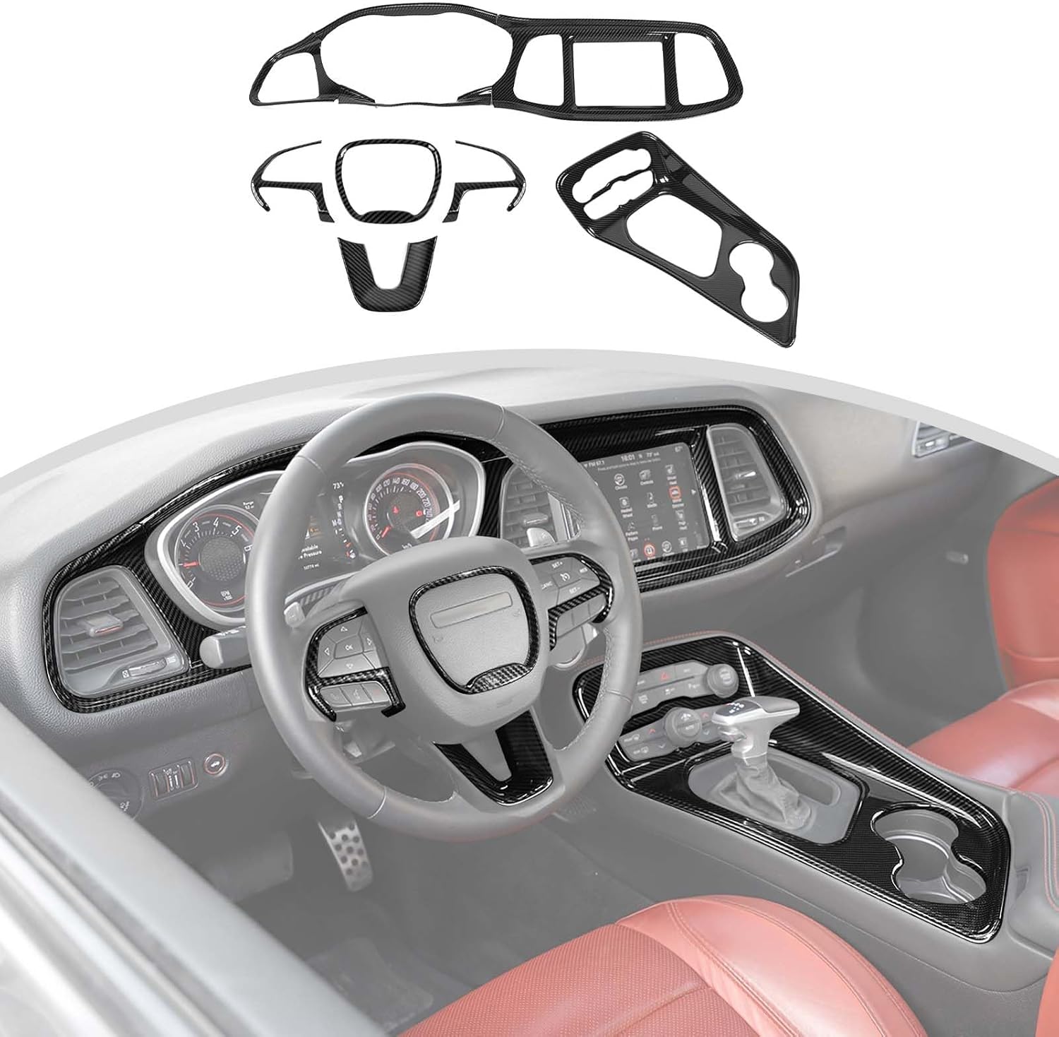 9PCS Carbon Fiber Center Console Dashboard Gear Shift Decorative Panel Steering Button Frame Decoration Interior Accessories Compatible with Dodge Challenger 2015-2026