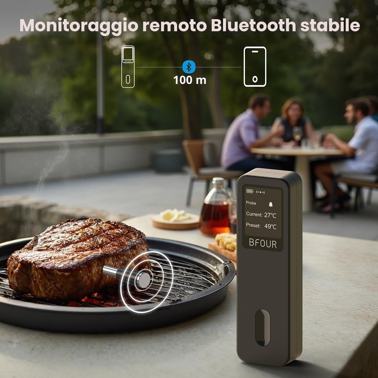BFOUR 2025 - Termometro da carne senza fili, con Bluetooth, doppio allarme, monitoraggio app, IP67, impermeabile, termometro da forno per barbecue, forno, affumicatore, girarrosto