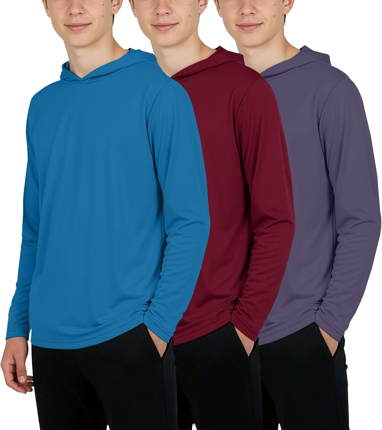 Real Essentials 3 Pack: Dry-Fit Youth Boys Teen Active Long Sleeve Hoodie Sweatshirts - Hooded Pullover Shirts