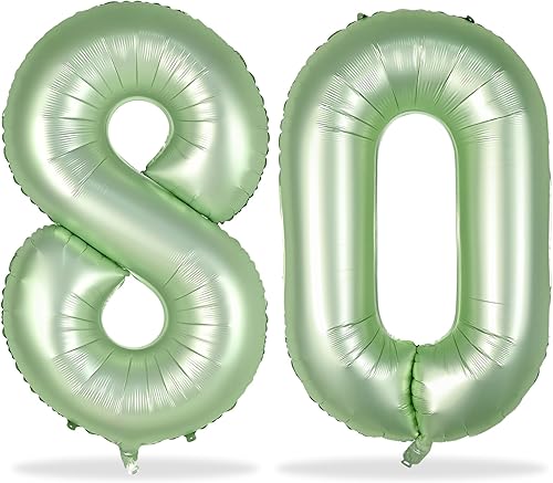 Globos de 80 cumpleaños color verde salvia para mujeres, globos gigantes de papel de aluminio verde oliva número 80 globos autoinflables, globos de