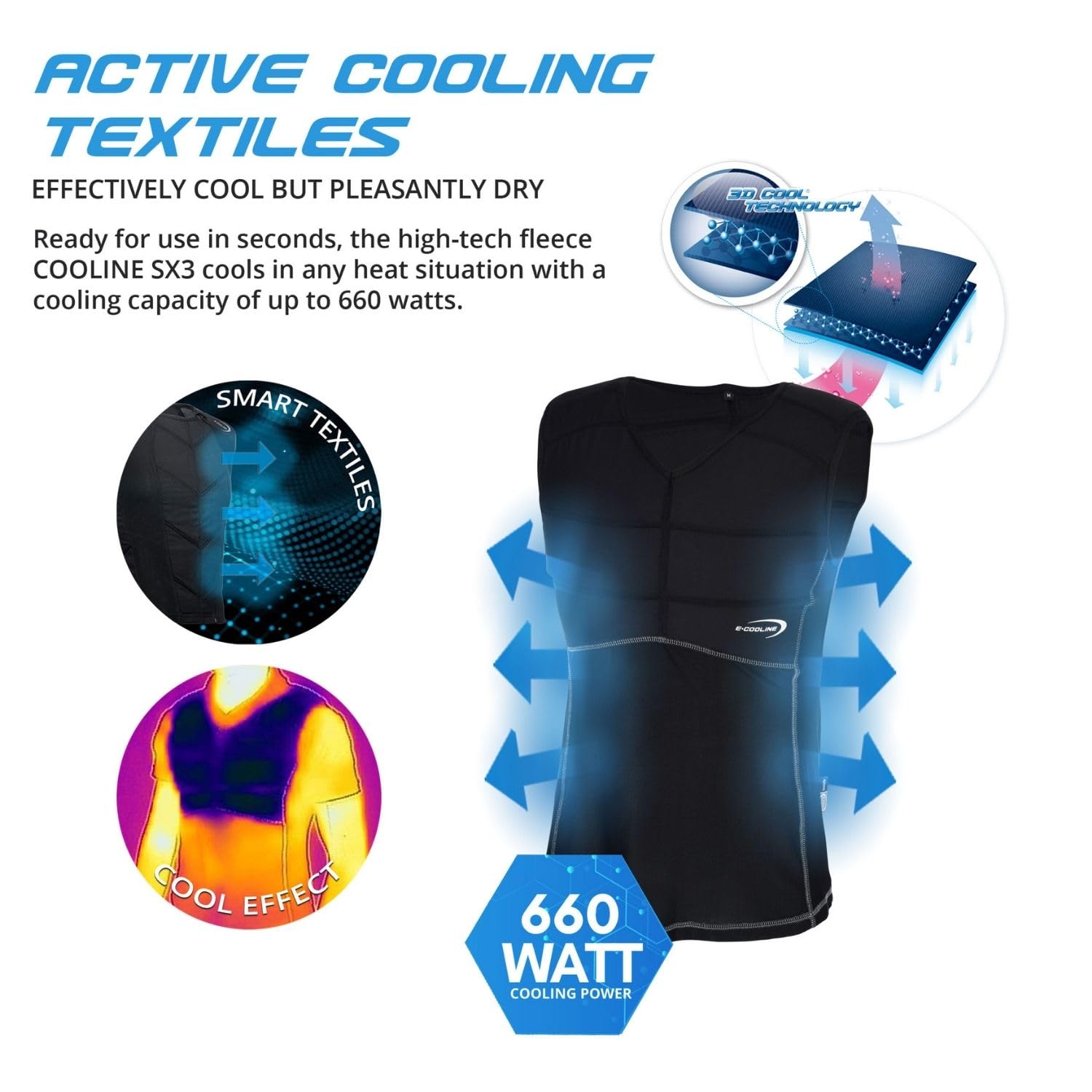 E.COOLINE Powercool SX3 camicia di raffreddamento senza maniche | camicia di raffreddamento per adulti | abbigliamento climatizzante - con protezione dei reni | lavabile