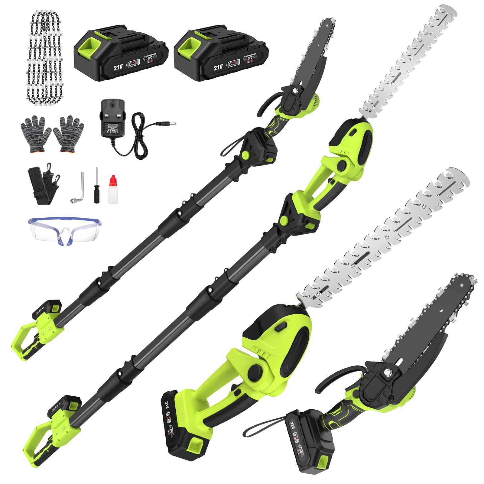 Cordless Pole Hedge Trimmer & Chainsaw Set, 2 * 4.0Ah Battery Rechargeable 7.05Ft Extension Pole 550W Pure Copper Motor 0-135° Adjust Angle Long Reach Trimmer Pruning Branch for Fence, Grass Trimmer