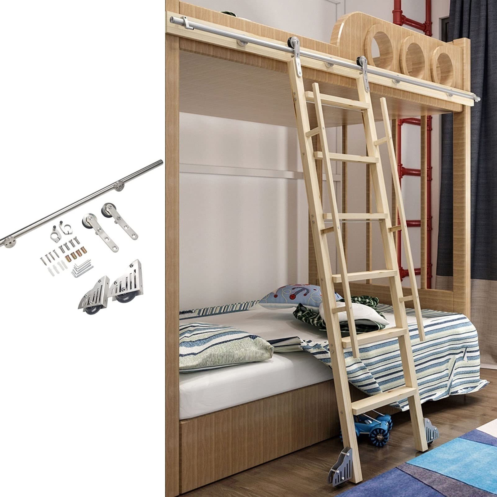 Kit ferramenta per Scala Scorrevole per Biblioteca - Kit ferramenta per Porta Scorrevole, ferramenta Scorrevole in Acciaio Inossidabile, con rulli a Pavimento frenabili, scivola dolcemente e Silenzio