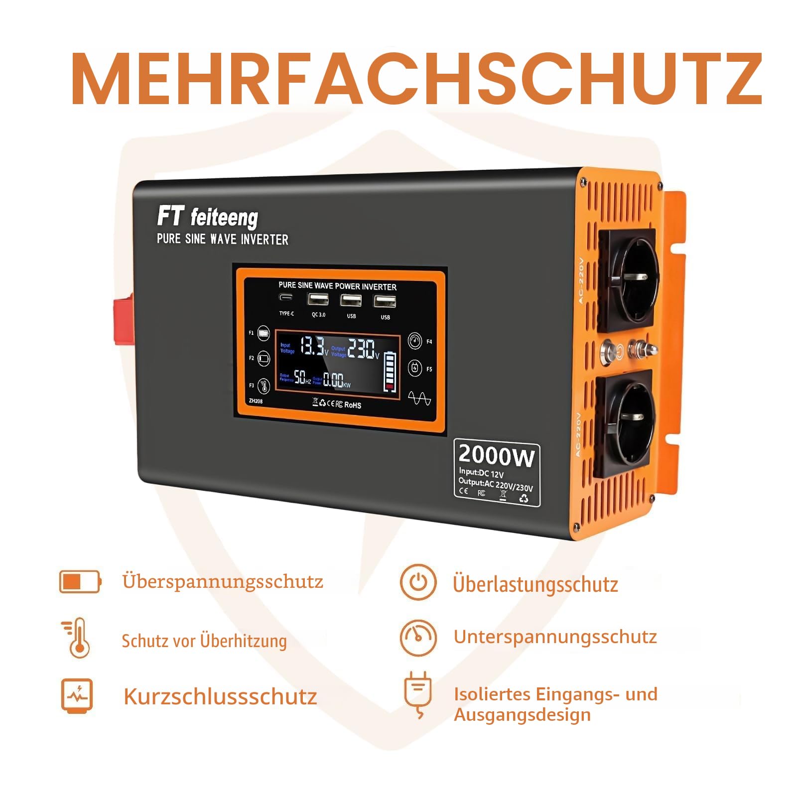2000W/4000W Wechselrichter 12V auf 230V Reiner Sinus, EU Steckdosen, 30W USB-C, LCD-Fernbedienung, Spannungswandler für Wohnwagen LKW Solar
