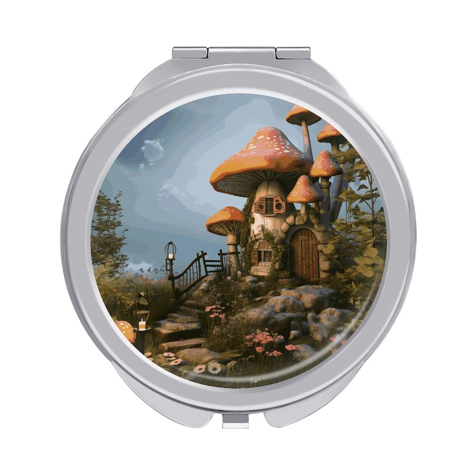 Fekiloot Style Mushroom Garden Travel Makeup Mirror Handheld Compact Mirror Portable Pocket Mirror Double-Sided 1X/2X Magnifying For Handbag And Purses
