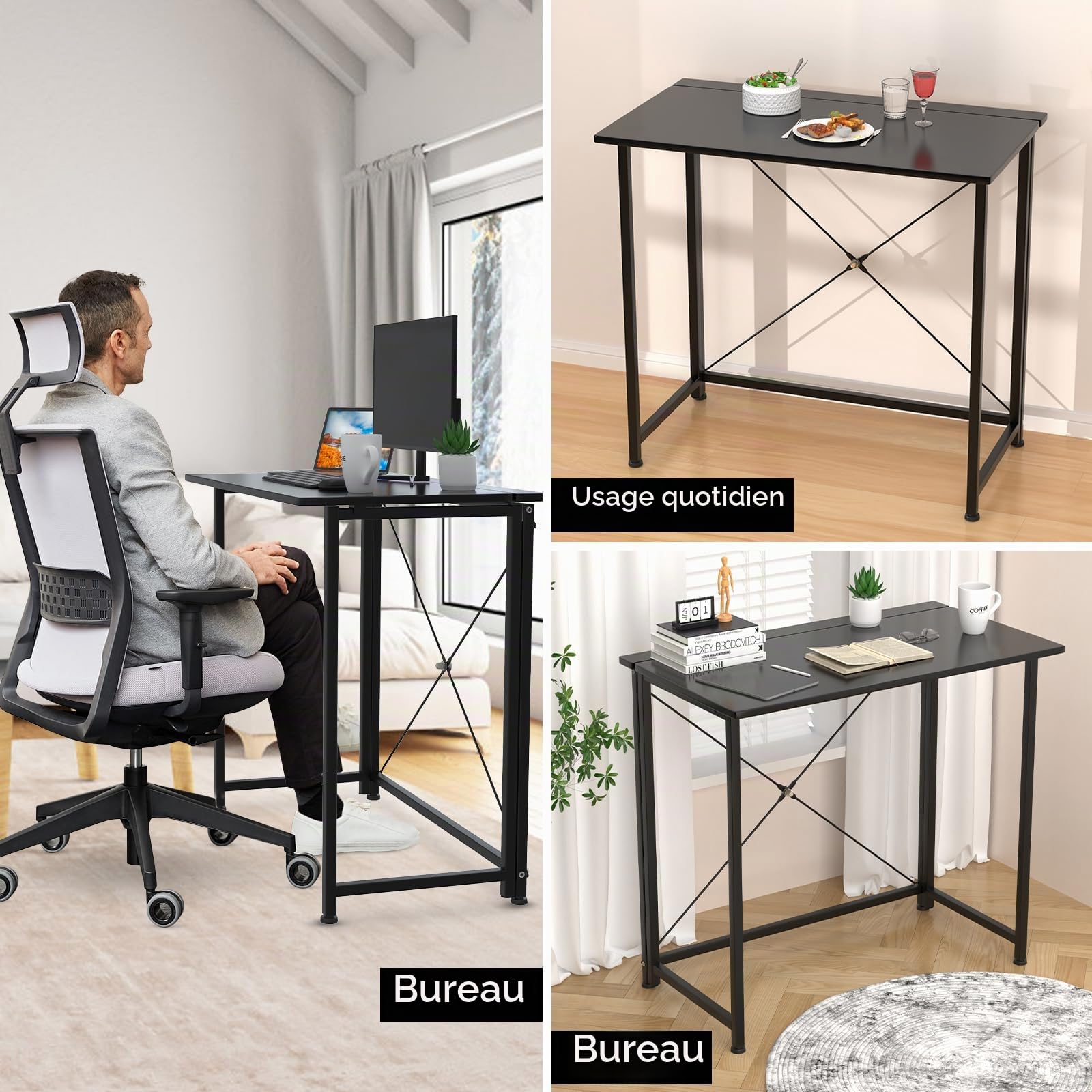 PIPIPOXER Table de Bureau Pliante 80x45x75cm, Bureau d'Ordinateur, Petit Table d'Ordinateur Bureau Pliable, Cadre en Métal, Bureau Pliant pour Étudier, Travailler, Chambre, Imperméable, Noir