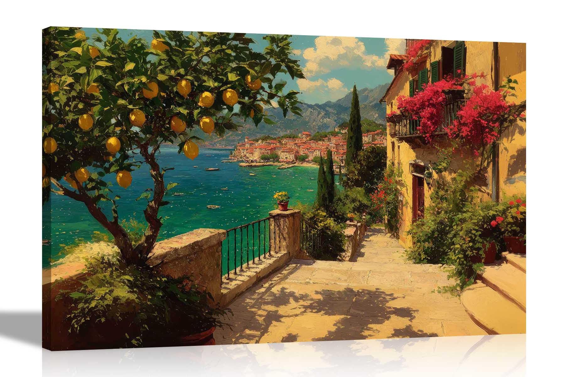 Artley Prints Lemon Tree Mediterranean Coast - Lemmon Tree Mediterranean Coast Oil Painting Print Canvas Wall Art Pictures For Office Home Hallway Large 86 X 61Cm (34 X 24 Inches) A1