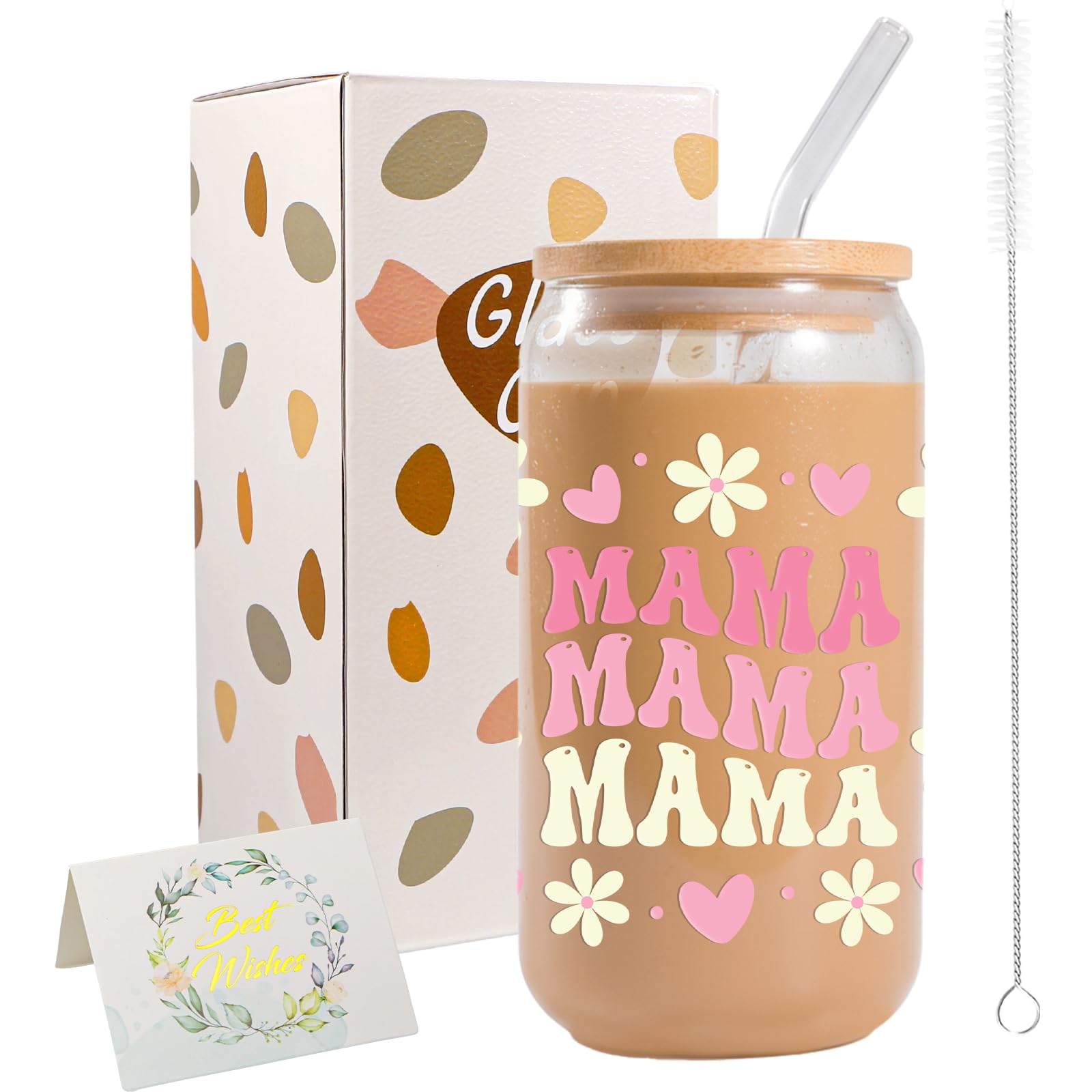 JEKUGOT Birthday Gifts for Mum from Daughter Son, Presents for Mum, 16oz Iced Coffee Cup, Personalised Glass Cups with Lids and Straws, Cute Mama Cup for Mother's Day Gifts