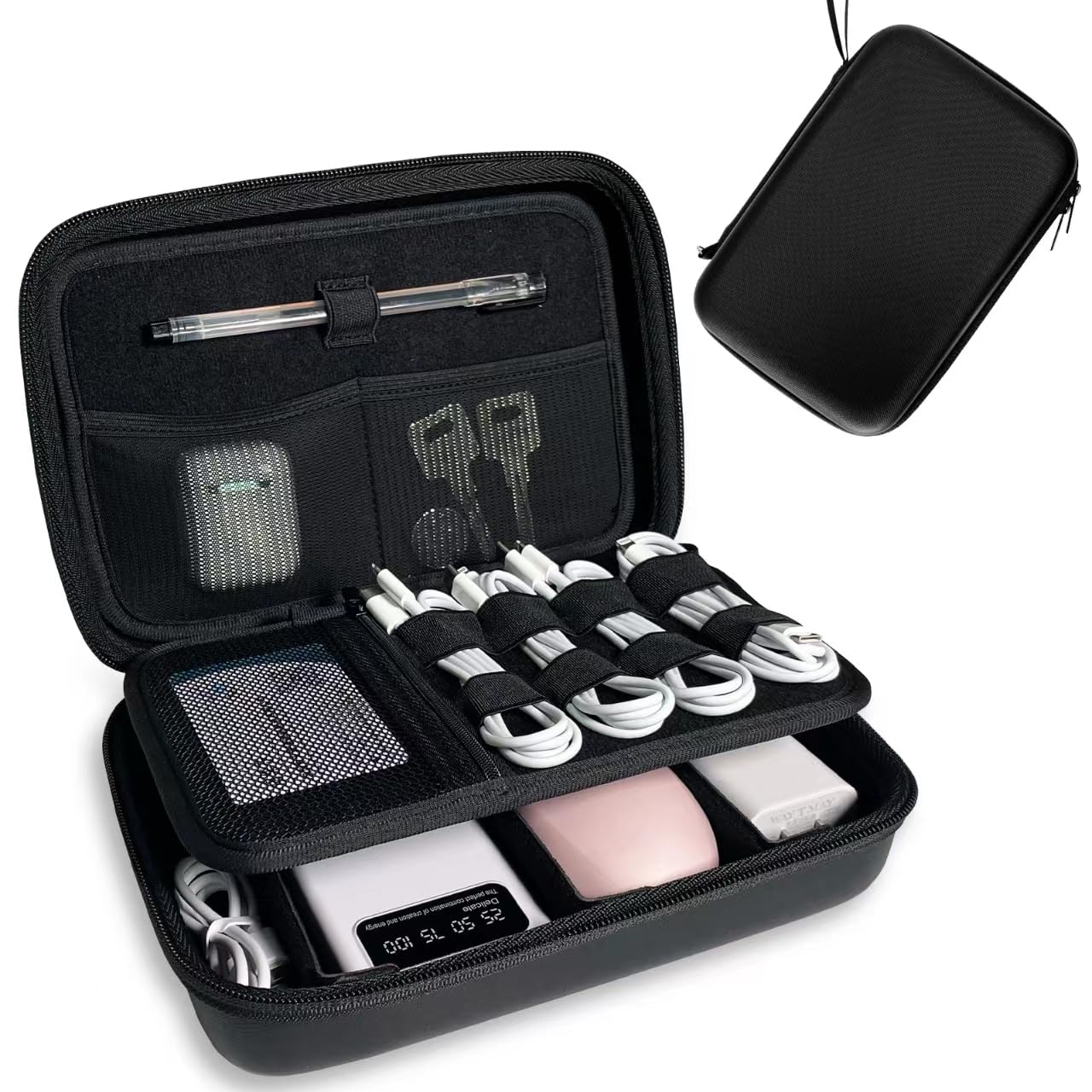 Tiswell Hard Cord Electronic Organizer Travel Case, Cable Tech Pouch Bag, Travel Cord Hard Case for Portable Charger, Power Bank, Mouse and Cords, Tech Organizer Travel Hard Case,Black