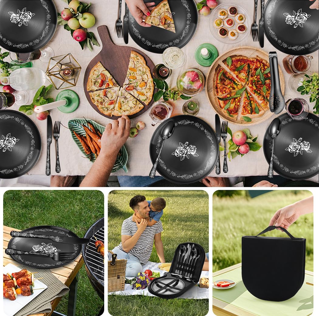 XIAOYU Ensemble de couverts de camping en métal 16 pièces pour pique-nique avec étui portable, vaisselle de pique-nique de camping pour 2, kit de couverts d'extérieur en acier inoxydable, noir