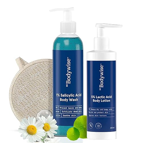 Metrol Be Bodywise - Gel de baño con ácido salicílico al 1%, 12.7 fl oz con esponja vegetal y loción de ácido láctico al 5% de 6.8 fl oz para