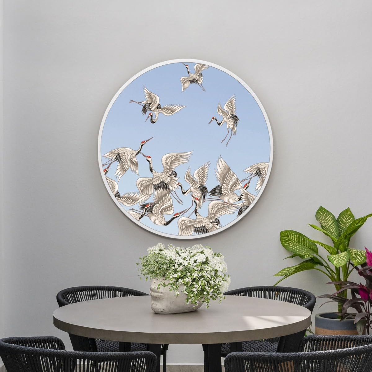 The Typis - Large White Round Metal Stork Décor Garden Mirror - 31""x31"" 80x80cm