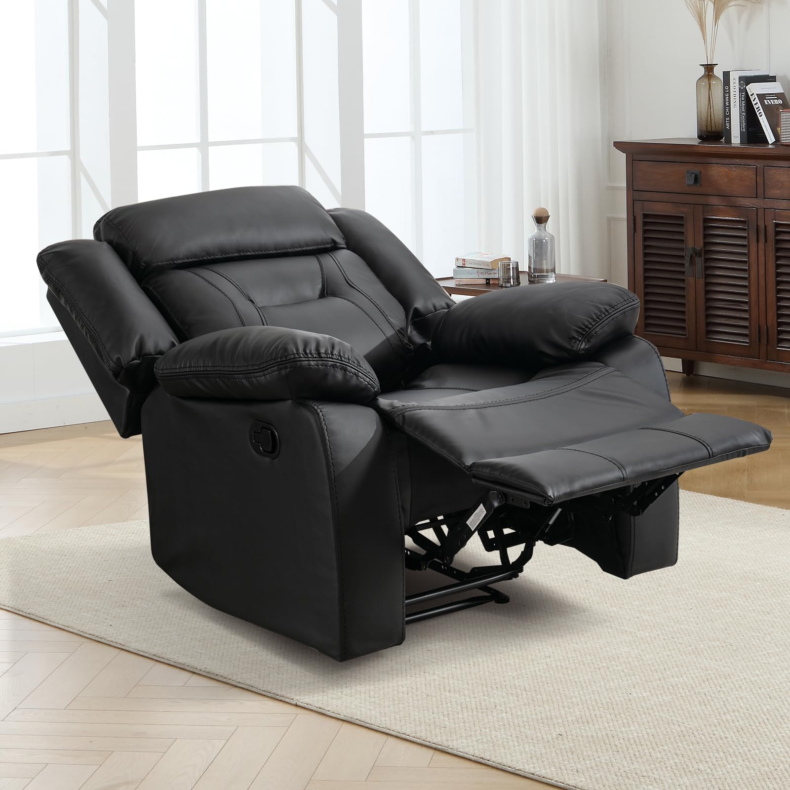 EBELLO Faux Leather Manual Recliner Chair, Modern Design Single Reclining Sofa Chair with Comfortable Armrest and Backrest, Furniture for Living Room, Bedroom, Black view 7