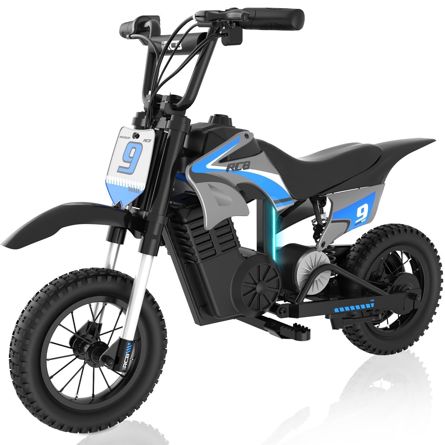 RCB R9X PRO Kids Ride On Motorcycle, Electric Motorbike with 350W Motor, 6.2/9.3/15.5mph Speed Modes & 9.94Miles Long Range, Ambient lighting, Dual Suspension, 12" Motor Cross for Kids Aged 6+