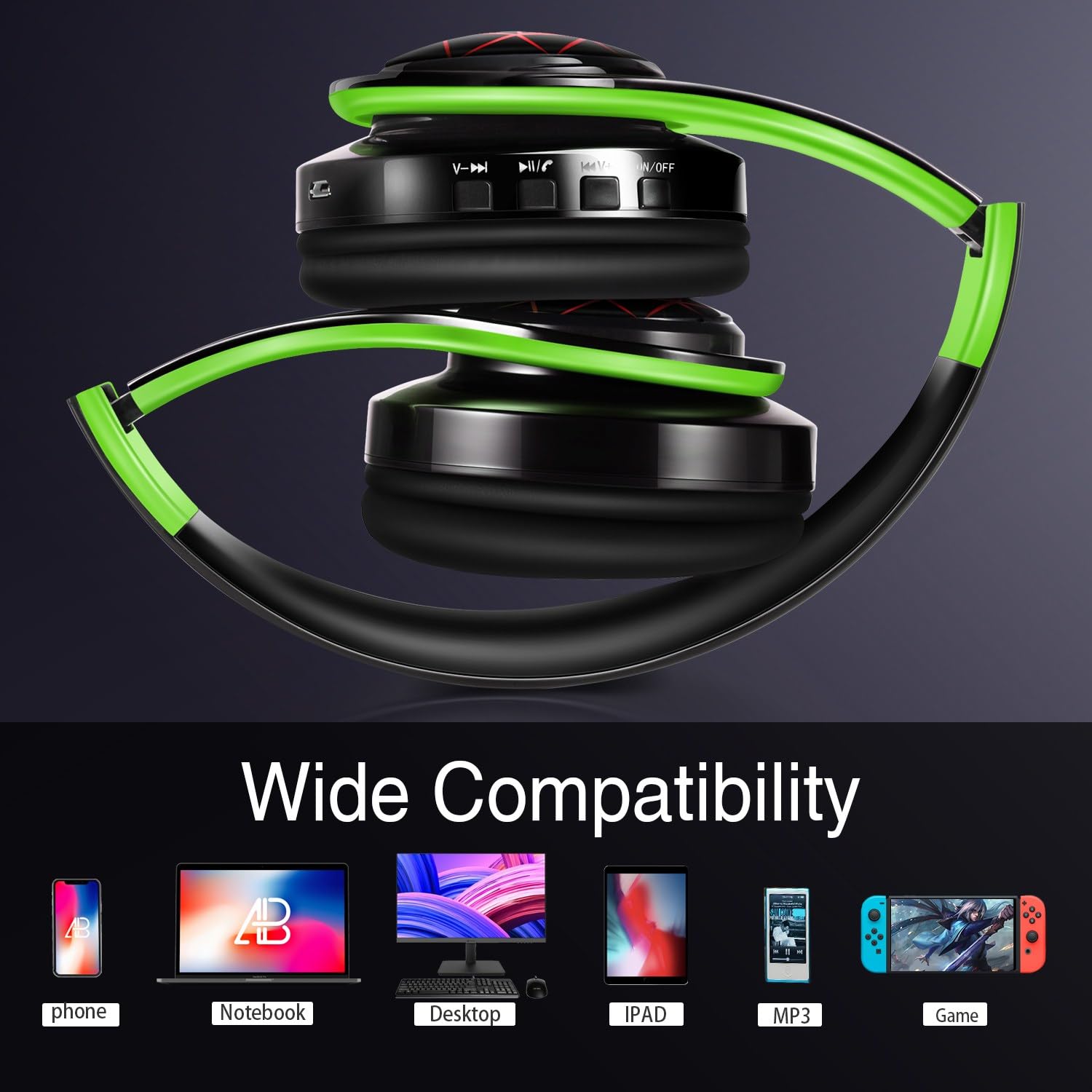Bluetooth Headphones, Chat- Comfortable Over Ear Stereo Headphones,7 Breathing Led Lights up, Wireless Headset for Adult Teen Kid for Phone/Samsung/Pad/PC/Android/Laptop/TV (Green) 4
