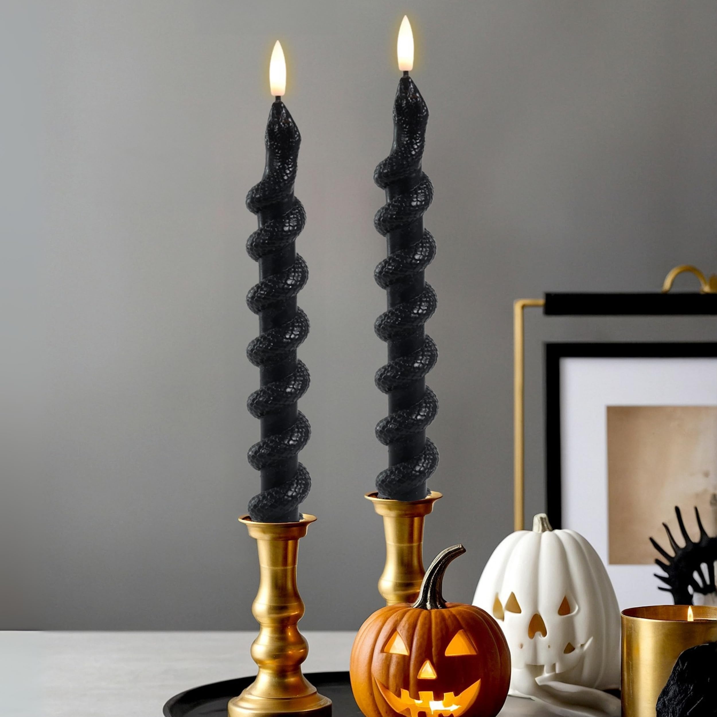 LumiPur Signature Halloween Collection Natural Glow Flickering Flameless LED Wax Taper Candle 1" x 9" (Snakes - Black, 2-Pack)