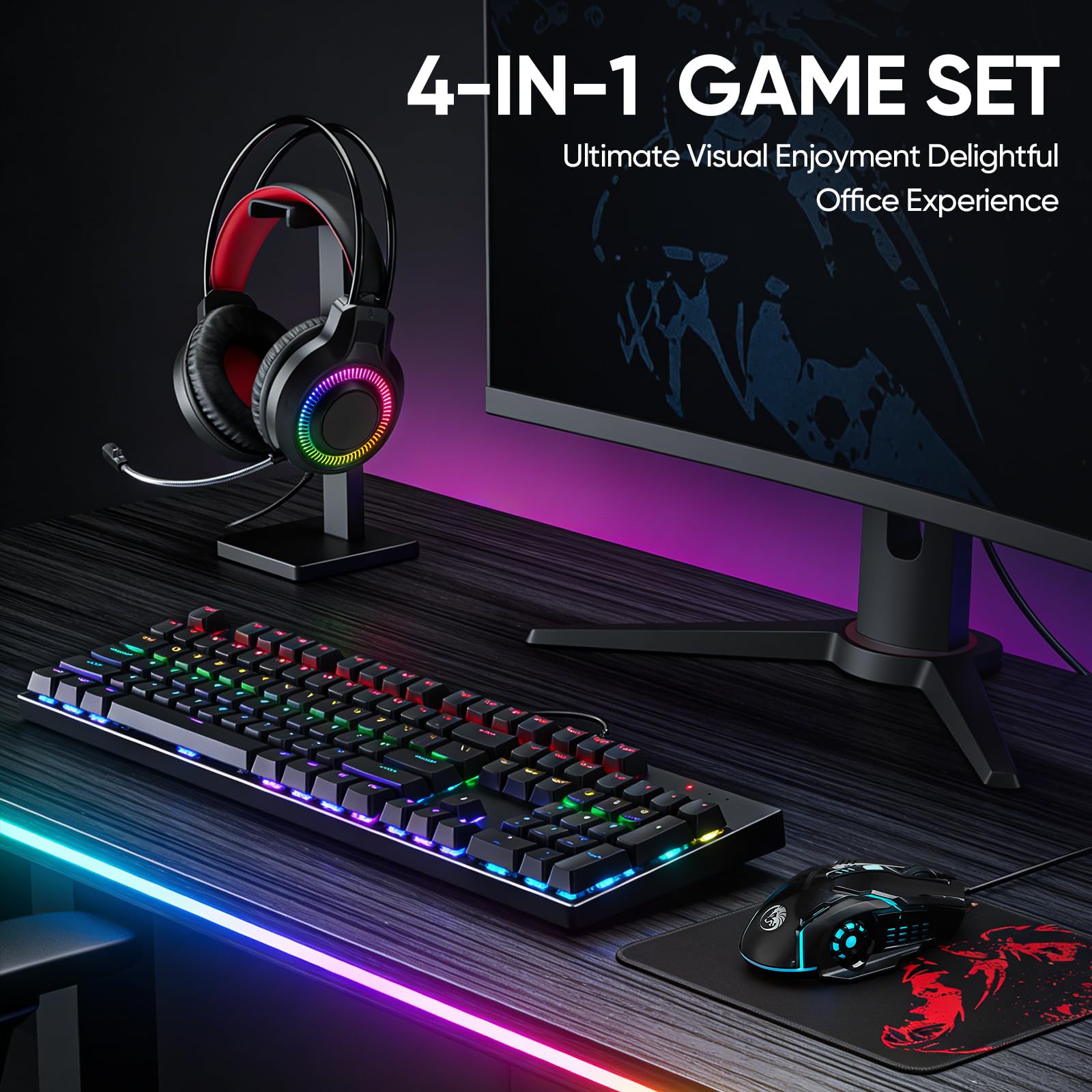 Teclado mecánico para juegos, mouse y alfombrilla de mouse y auriculares para juegos, paquete de retroiluminación LED RGB con cable para jugadores de PC y usuarios de Xbox y PS4, edición 4 en 1