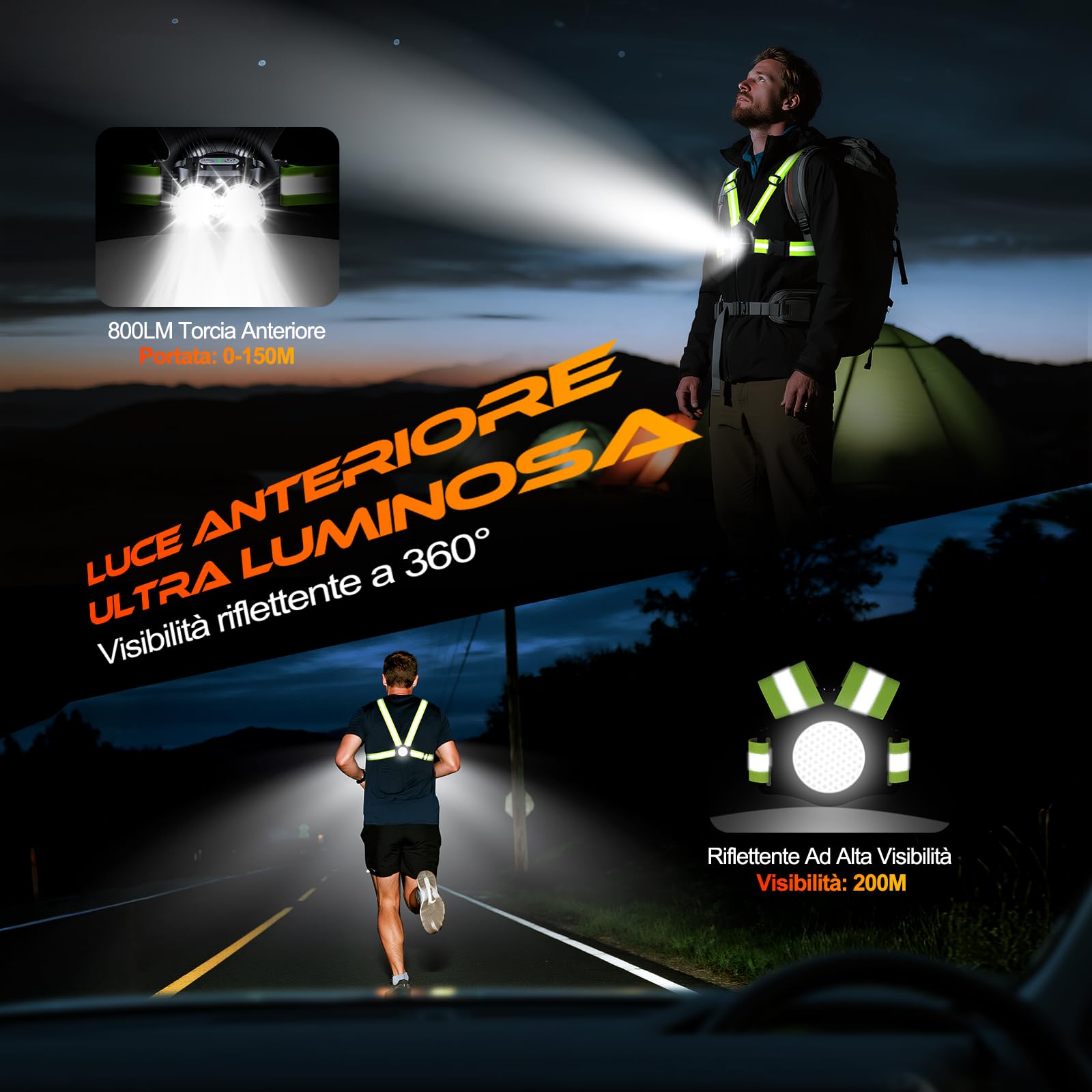 ISEYOU Luce Running 800LM, 6 modalità Luce per Corsa Notturna con Nastro Riflettente, Regolabile di 45°, Impermeabile IPX5 Luci Running Pettorale, Autonomia 4-25 Ore per Ciclismo/Jogging/