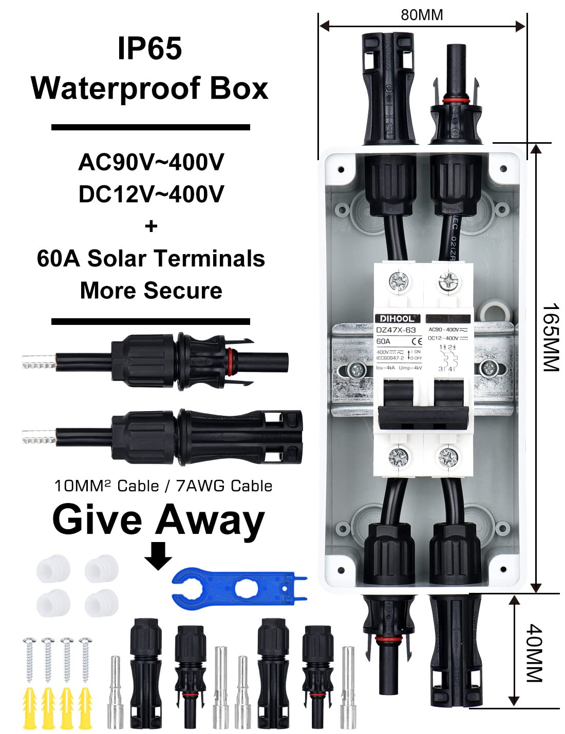 DC Trennschalter PV Anlage Leitungsschutzschalter Sicherungsautomat 2 Polig 60A 12V (12V-400V) Mit Kabel Solarstecker IP65 Wasserdicht Gehäuse