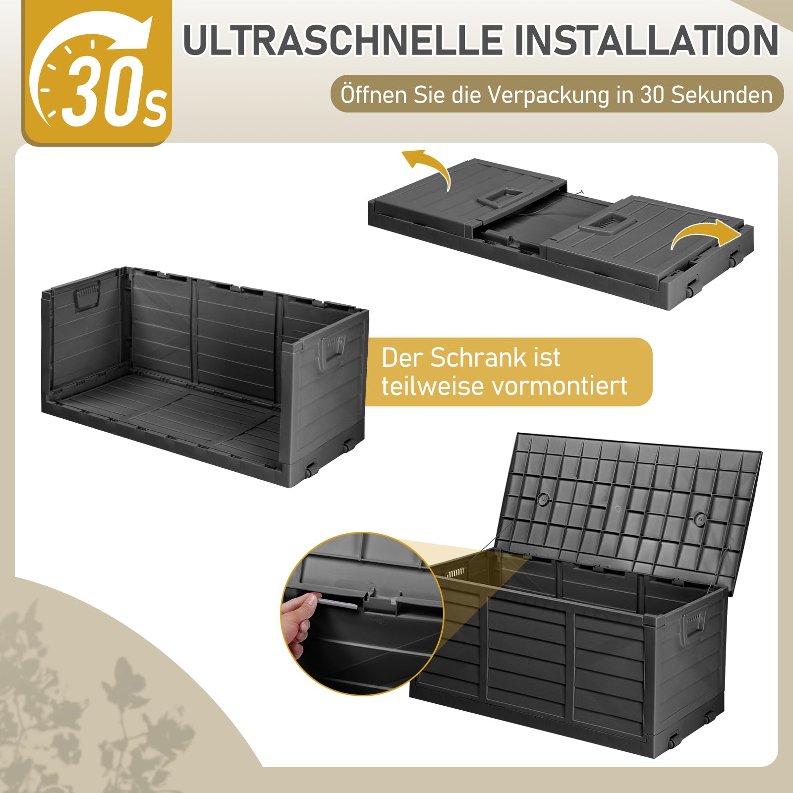 Faltbarer Gartenbox, 284L Fassungsvermögen mit Griffen und Rädern - Wasserfest und UV-beständig, Auflagenbox geeignet für Terrassen, Balkone, Wohnzimmer und Wintergärten (284L Schwarz)