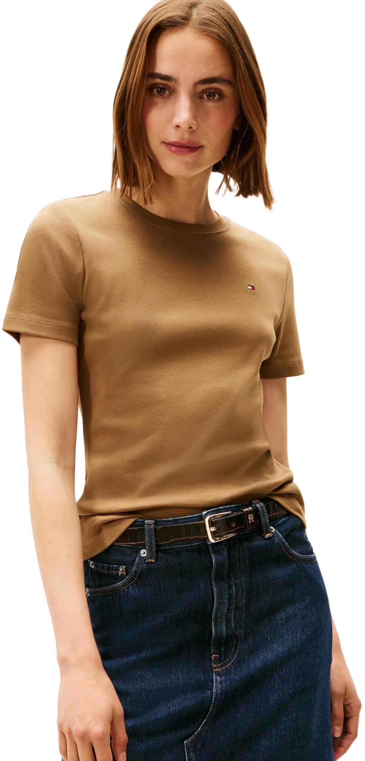 Tommy Hilfiger Women’s Short Sleeve Round Neck Slim Cody T-Shirt, Brown (Hunter Brown), M
